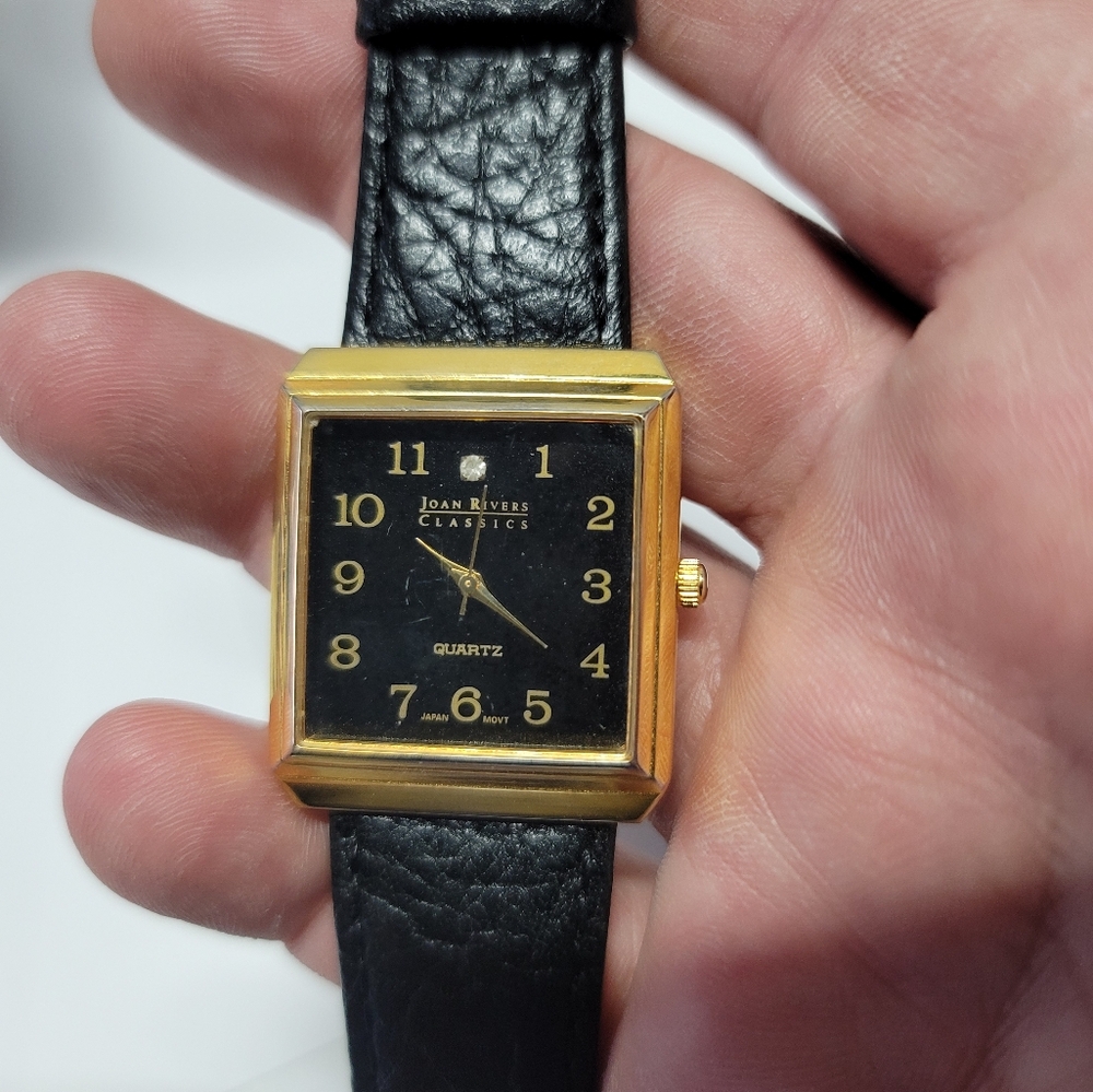 New Joan Rivers 30mm Gold Tone Classic Collection Watch With Black Leather Band